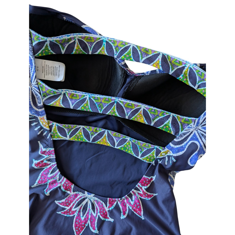 Trina Turk Navy Blue Lotus Batik Bandeau One Piece Swimsuit Size 14 Open Back - Picture 6 of 7